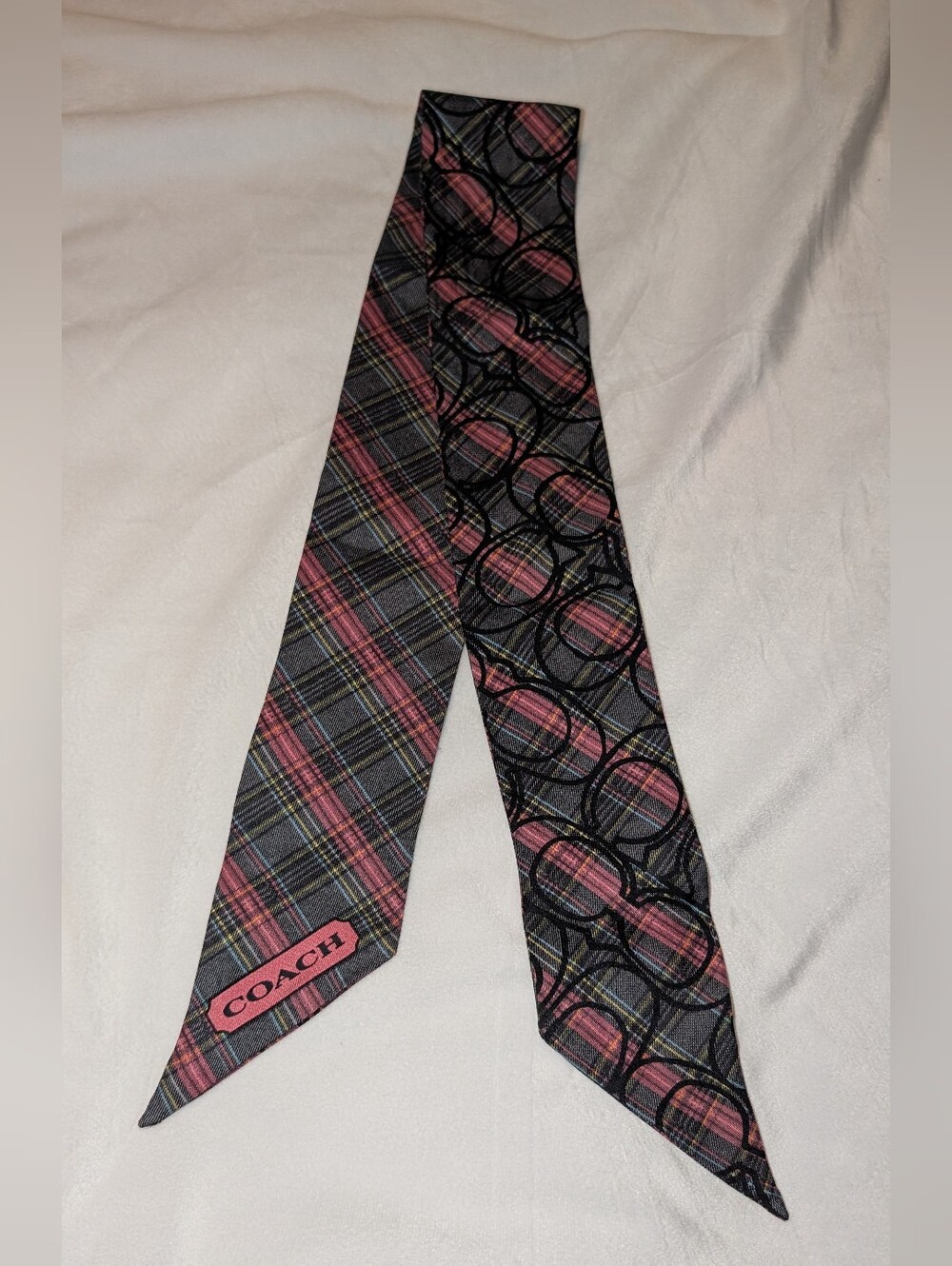 Coach Tartan Plaid Signature C Skinny Scarf Black Gray Pink VGC